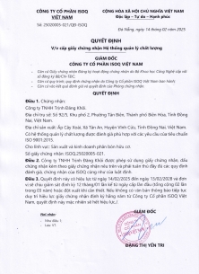 Quyết định V/v cấp giấy chứng nhận Hệ thống quản lý chất lượng